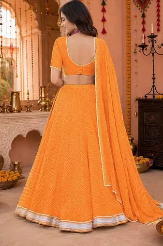 ORANGE LEHERIYA PRINT GEORGETTE LEHENGA CHOLI DUPATTA