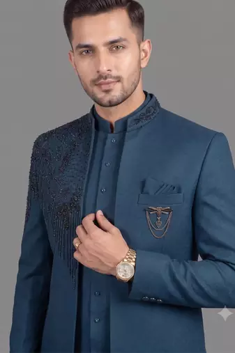 Peacock blue embroidered open jodhpuri suit for men