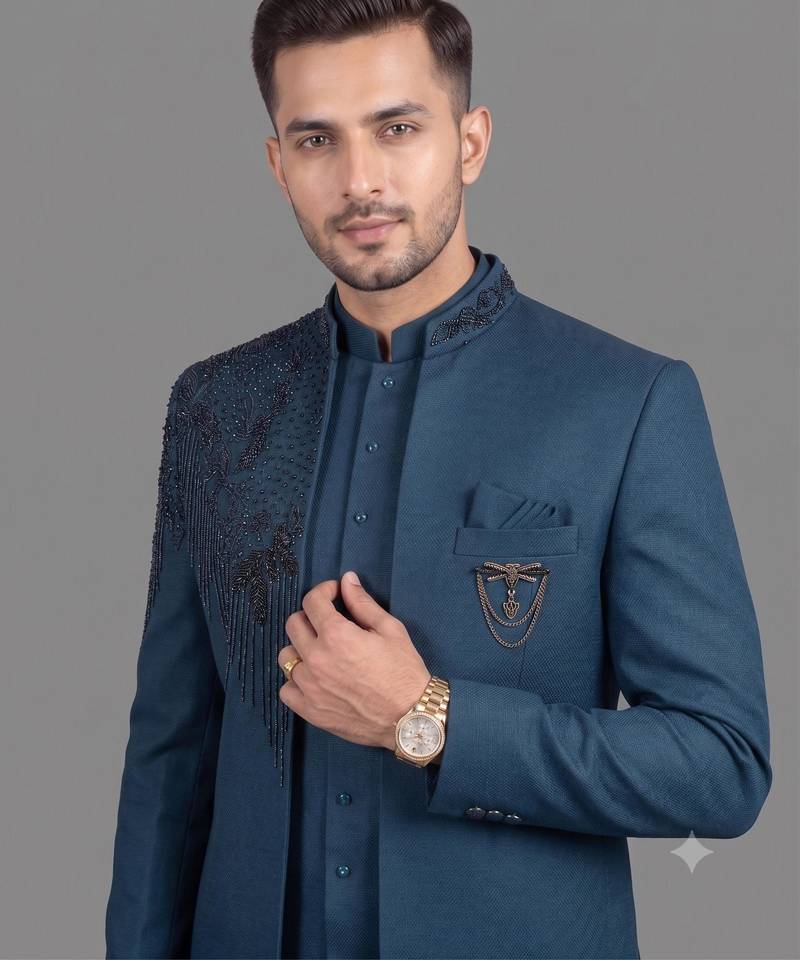 Peacock blue embroidered open jodhpuri suit for men