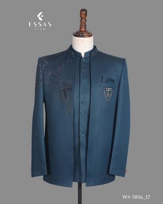 Peacock blue embroidered open jodhpuri suit for men 3