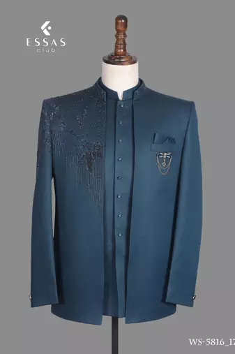 Peacock blue embroidered open jodhpuri suit for men