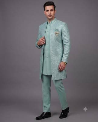 Mint green textured open indowestern suit for men 1