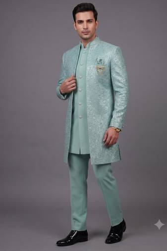 Mint green textured open indowestern suit for men
