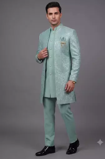 Mint green textured open indowestern suit for men
