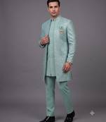 Mint green textured open indowestern suit for men