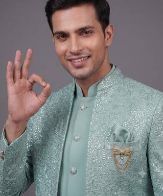 Mint green textured open indowestern suit for men 2