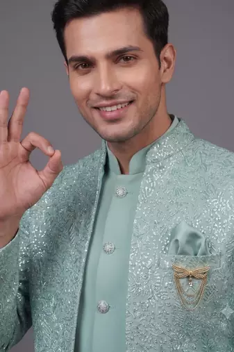 Mint green textured open indowestern suit for men