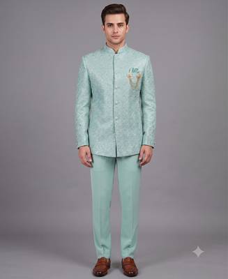 Mint green textured bandhgala suit for men 1