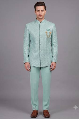 Mint green textured bandhgala suit for men