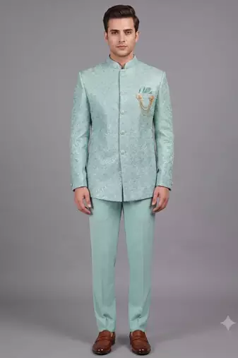 Mint green textured bandhgala suit for men