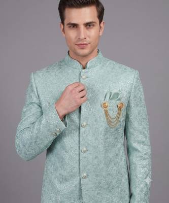 Mint green textured bandhgala suit for men 2