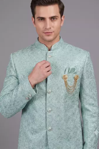 Mint green textured bandhgala suit for men
