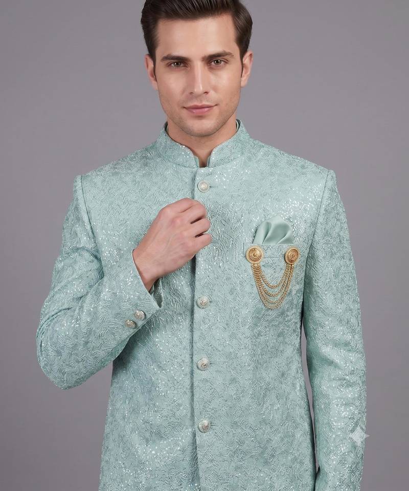 Mint green textured bandhgala suit for men