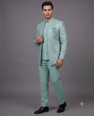 Mint green textured open jodhpuri suit for men 1