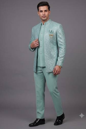 Mint green textured open jodhpuri suit for men
