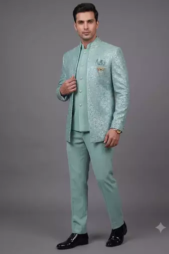 Mint green textured open jodhpuri suit for men