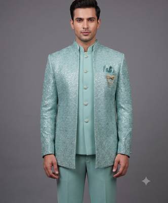 Mint green textured open jodhpuri suit for men 2