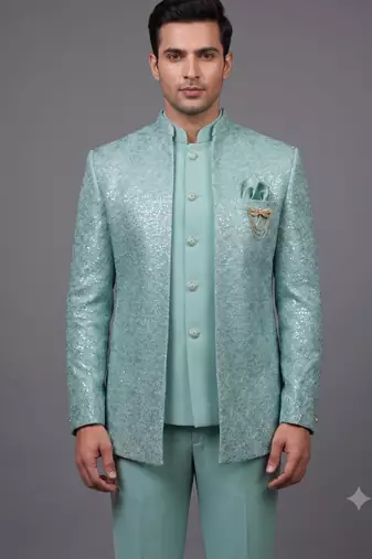 Mint green textured open jodhpuri suit for men
