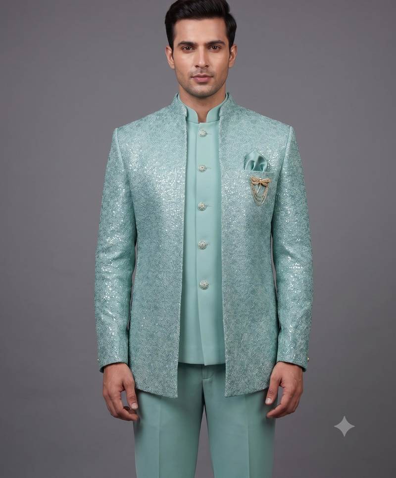 Mint green textured open jodhpuri suit for men