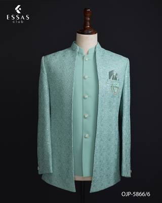 Mint green textured open jodhpuri suit for men 3