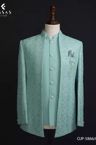 Mint green textured open jodhpuri suit for men
