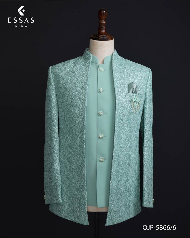Mint green textured open jodhpuri suit for men