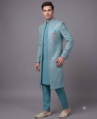 Sky blue textured open indowestern suit for men 1