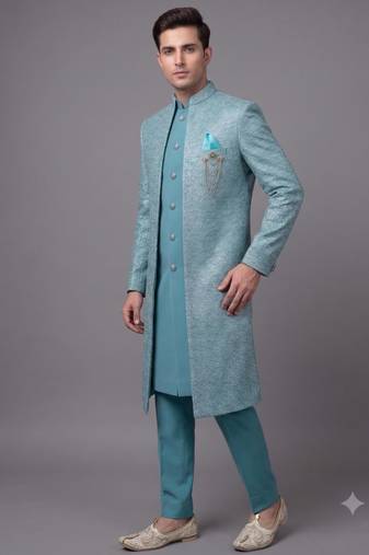 Sky blue textured open indowestern suit for men