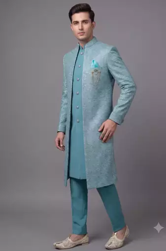Sky blue textured open indowestern suit for men
