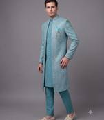 Sky blue textured open indowestern suit for men