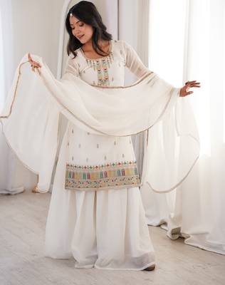 White pure soft crunshy silk embroidery sharara suit 4