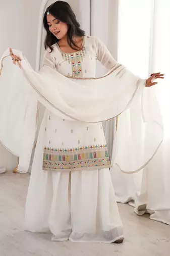 White pure soft crunshy silk embroidery sharara suit