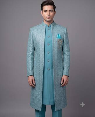 Sky blue textured open indowestern suit for men 2