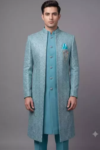 Sky blue textured open indowestern suit for men