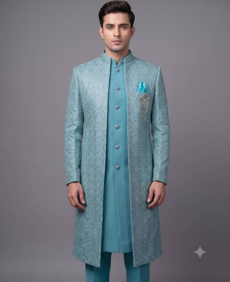 Sky blue textured open indowestern suit for men
