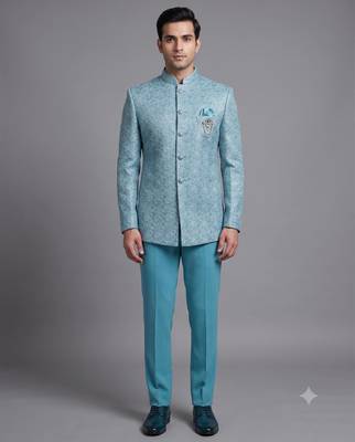 Sky blue textured bandhgala suit for men 1