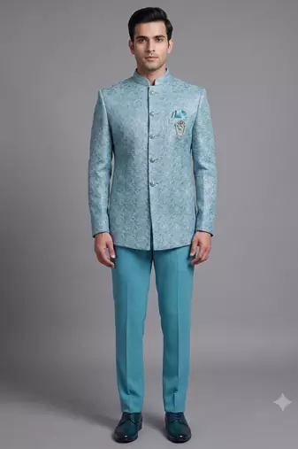 Sky blue textured bandhgala suit for men