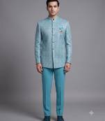 Sky blue textured bandhgala suit for men