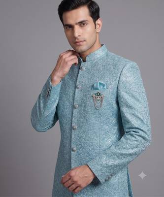 Sky blue textured bandhgala suit for men 2