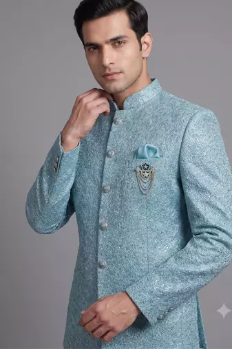 Sky blue textured bandhgala suit for men