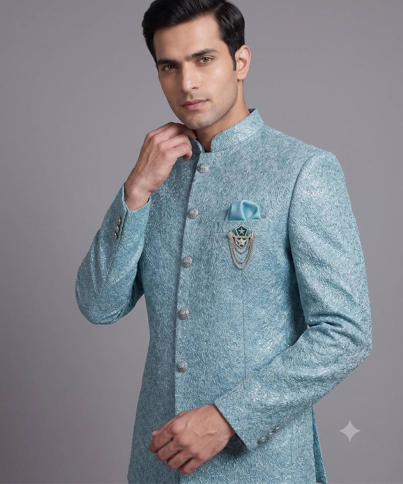 Sky blue textured bandhgala suit for men