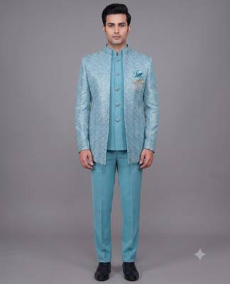Sky blue textured open jodhpuri suit for men 1