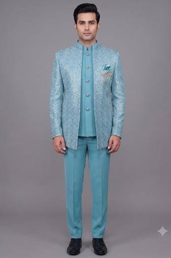 Sky blue textured open jodhpuri suit for men