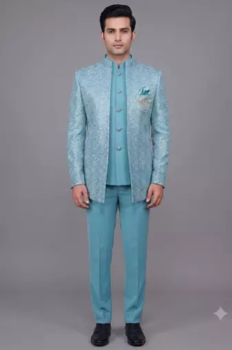 Sky blue textured open jodhpuri suit for men