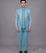 Sky blue textured open jodhpuri suit for men
