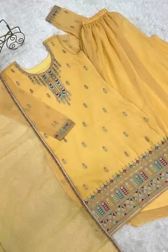 Yellow pure soft crunshy silk embroidery sharara suit