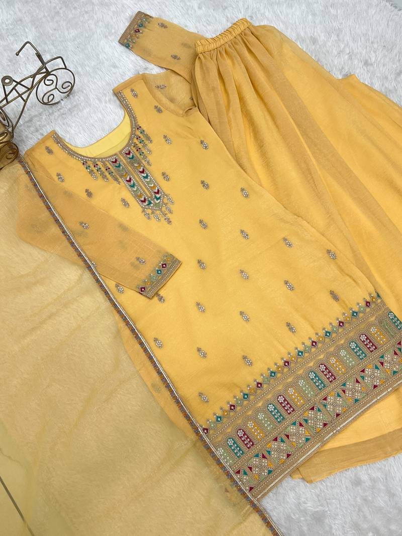 Yellow pure soft crunshy silk embroidery sharara suit