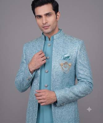 Sky blue textured open jodhpuri suit for men 2