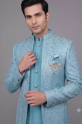 Sky blue textured open jodhpuri suit for men