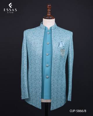 Sky blue textured open jodhpuri suit for men 3